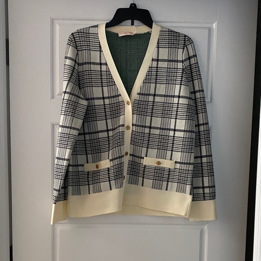 Tory Burch Cream and Black Plaid Cardigan